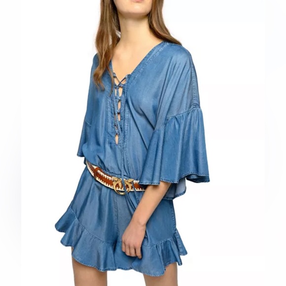 Pinko Pants - PINKO Daria Denim Ruffled Hem Romper Size 8